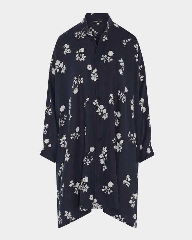 Wide A-Line Collarless Shirt With Slits (Very Long Length)